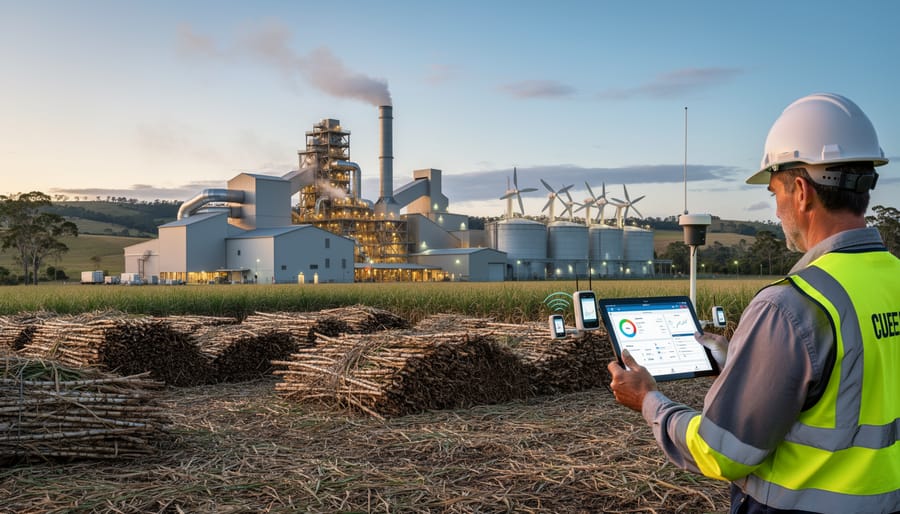 Sugarcane field with bagasse-to-energy processing facility in Queensland Australia