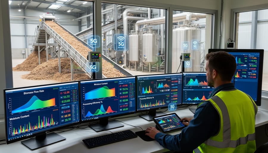 Engineer monitoring real-time bioenergy processing data on tablet in industrial facility