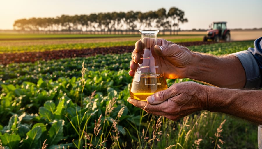 Farmer’s hands hold a clear glass flask of golden biofuel above lush cover crops and native grasses on an Australian grain farm, with blurred crop rows, windbreak trees, and a distant tractor in warm golden hour light.