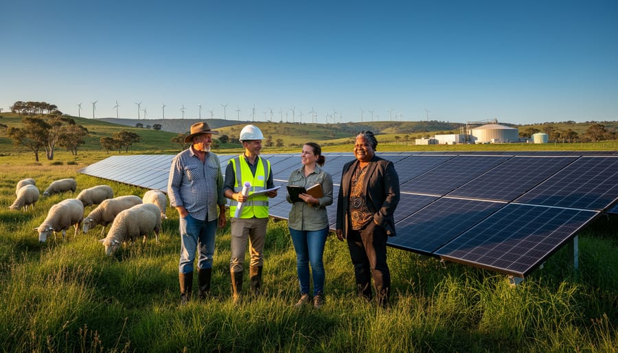 Diverse team including a farmer, engineer in high-visibility gear, and an ecologist beside solar panels amid native grasses and grazing sheep, with wind turbines, gum trees, and a small biodigester on rolling Australian farmland at golden hour.