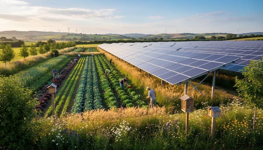 Aerial view of solar farm with native vegetation and agricultural land integration