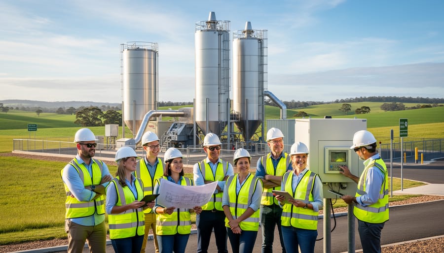 Technical worker operating biogas facility equipment in rural Queensland agricultural setting