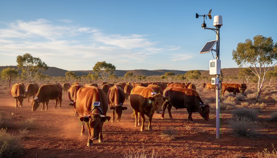Energy harvesting sensor mounted on fence post in Australian cattle ranch