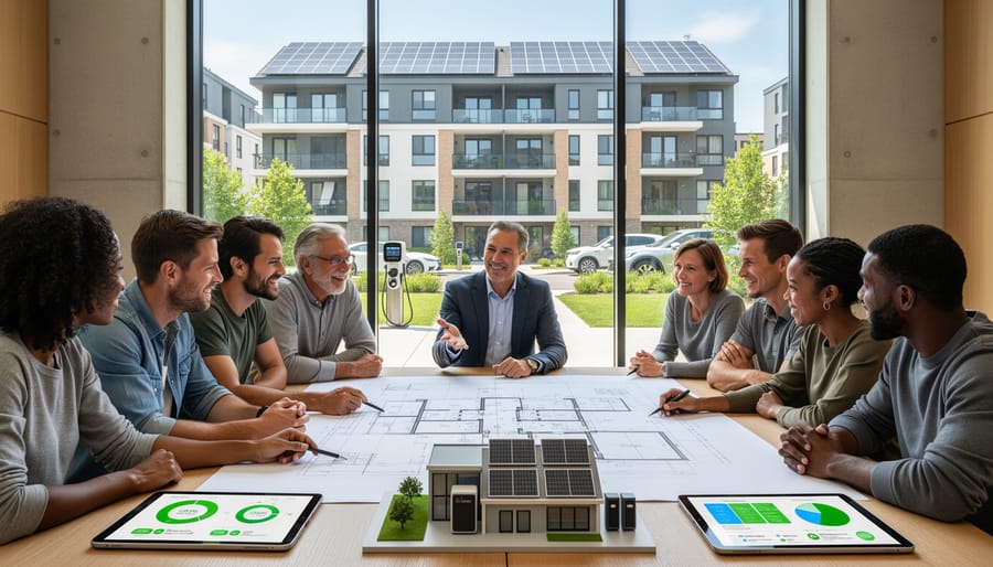 Diverse group of apartment residents meeting to discuss building energy retrofit plans