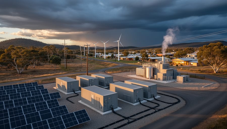 Resilient regional microgrid in Australia with solar panels, battery containers, small wind turbines, and a compact bioenergy plant under clearing storm clouds, transmission lines leading to a lit township, with gum trees and hills in the background.