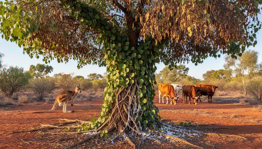 Rubber Vine wrapped around native Australian tree trunk with flowers visible