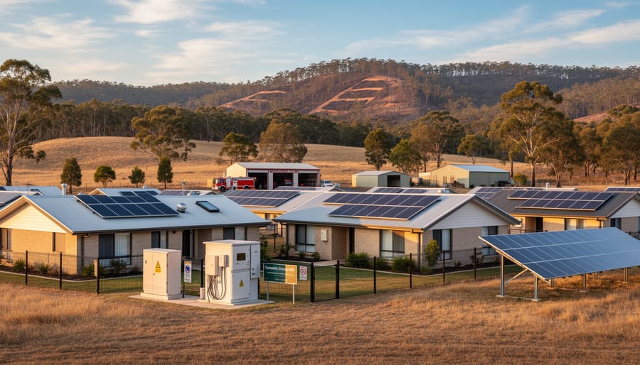 Rural Australian home with solar panels illuminated at dusk in bushland setting