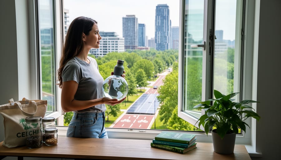 Hands gently holding young plant seedling in soil with natural background