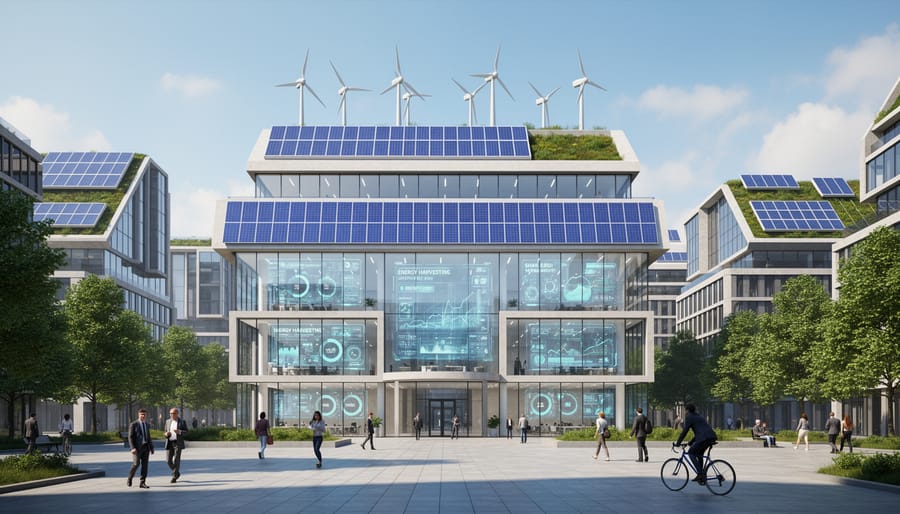 Modern commercial building with integrated energy harvesting infrastructure