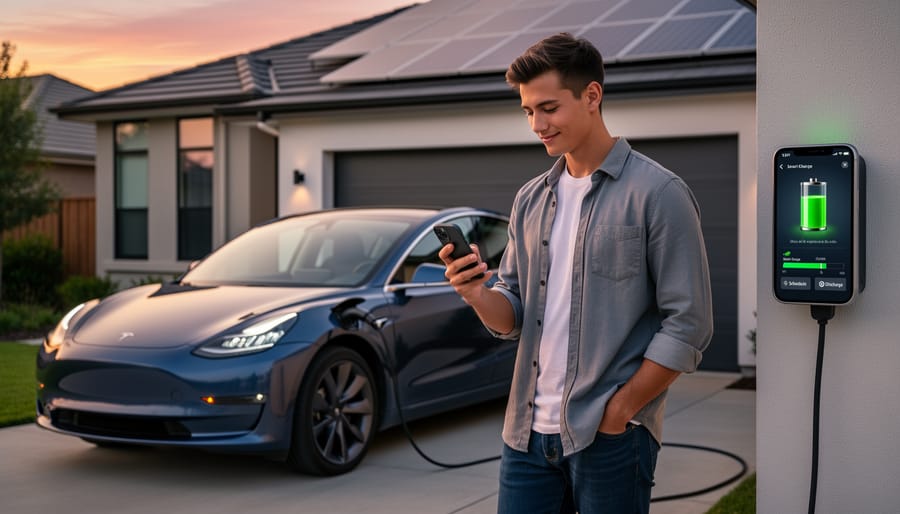Close-up of person connecting EV charger while using smartphone energy management app