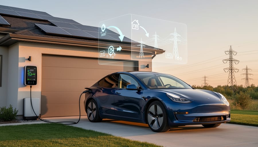 Electric vehicle connected to bidirectional charging station in residential garage