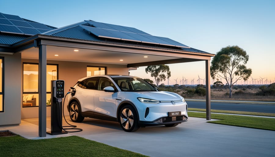 White electric SUV plugged into a home charger in an Australian suburban carport with rooftop solar at golden hour; power poles, gum trees, and distant wind turbines in the background.