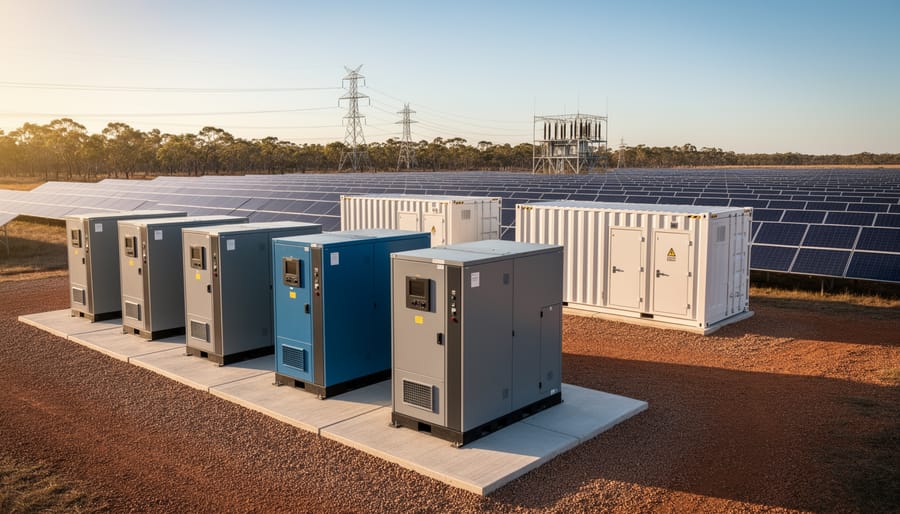 Row of three-phase inverter cabinets next to utility-scale solar panels and battery containers at an Australian solar farm, with distant transmission towers and a substation under warm evening light.
