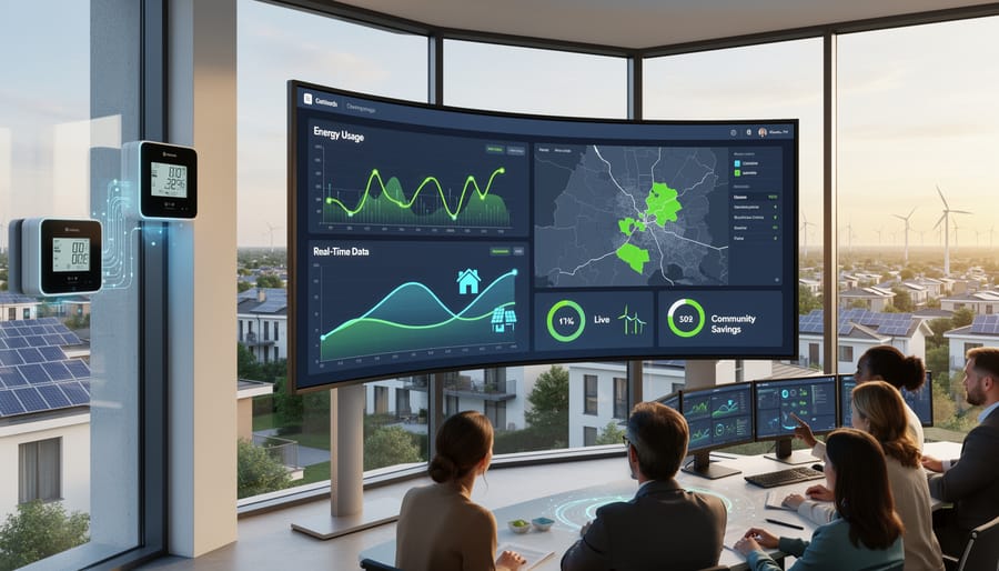 Digital smart meter mounted on wall displaying energy consumption information
