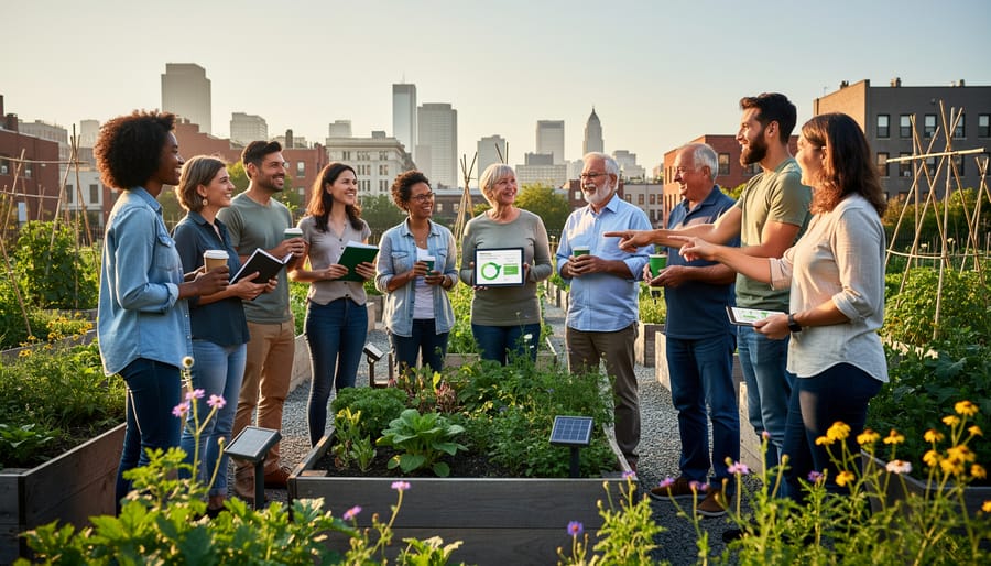 Two people having meaningful conversation in community garden setting