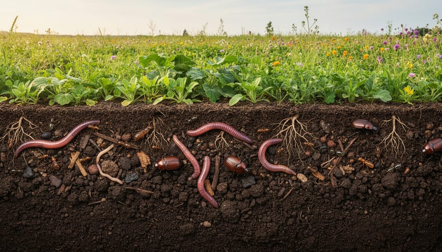 Close-up of farmer's hands holding rich dark soil with earthworms and organic matter