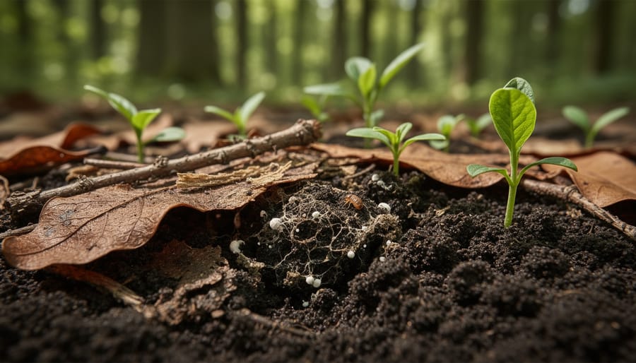 Hands holding dark composted soil with visible organic matter demonstrating carbon decomposition