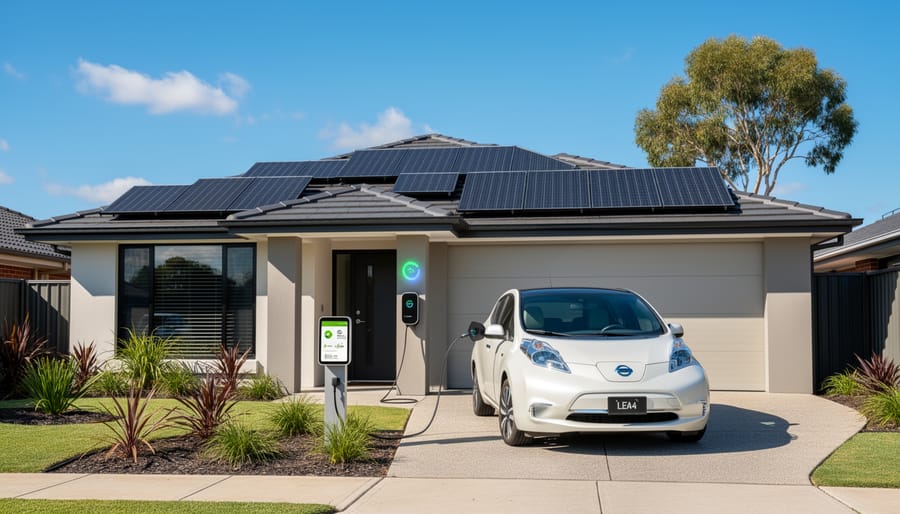 Aerial view of Australian home with solar panels and electric vehicle in driveway at sunset
