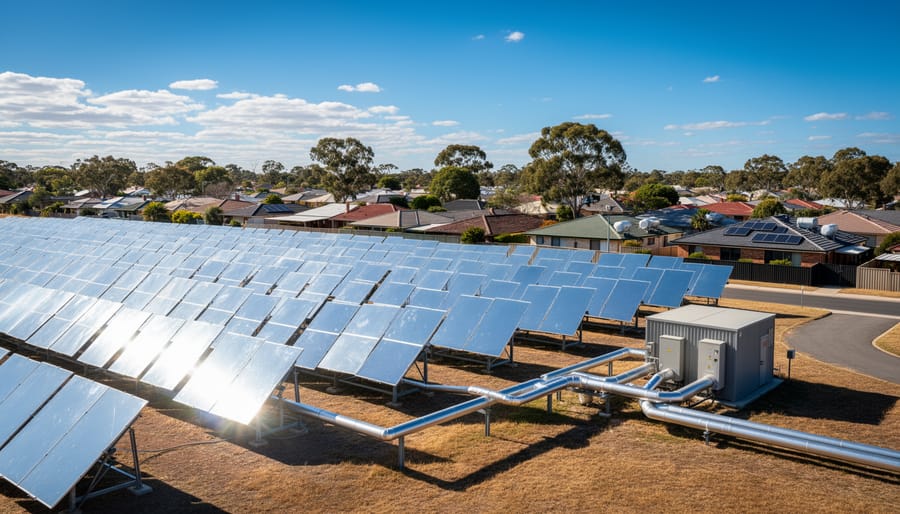 Large-scale solar thermal collector installation capturing sunlight for community heating