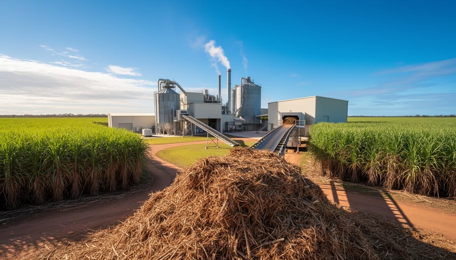 Pile of sugarcane bagasse agricultural waste at processing facility
