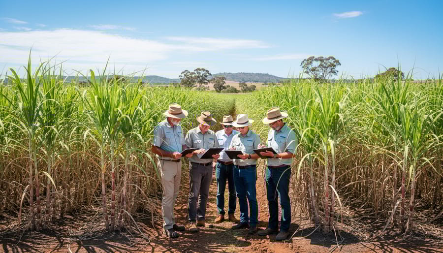 Tall sugarcane crops growing in Queensland field under bright sunlight