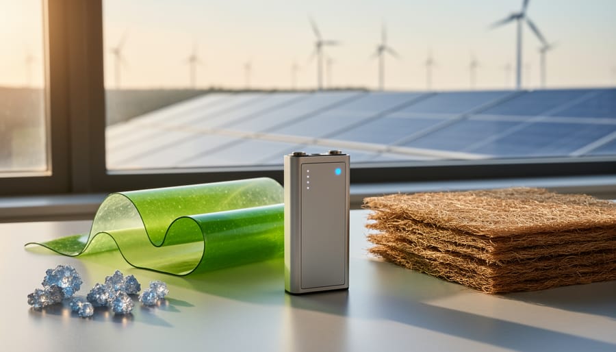 Close-up of algae-derived film, woven plant-fiber electrodes, and crystalline seawater minerals surrounding a small battery prototype on a lab bench, with blurred solar panels and distant wind turbines visible through a window in warm side lighting.