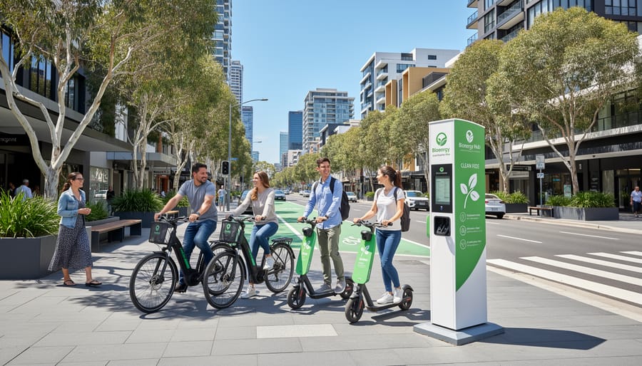 Urban street scene showing multiple people using electric bikes and scooters on dedicated lanes with green infrastructure