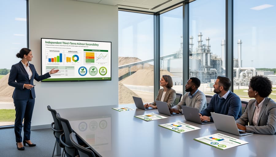 Professional reviewing sustainability certification documentation at bioenergy facility