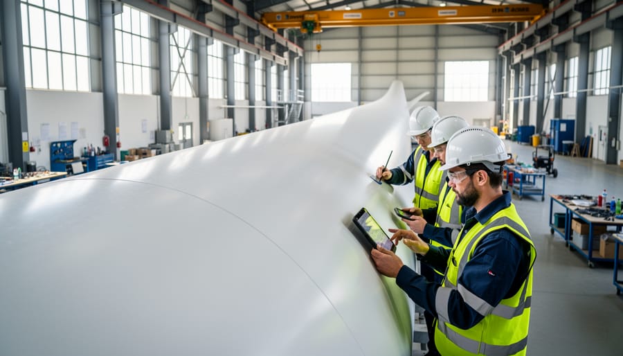 Wind turbine technician inspecting large modern turbine blade