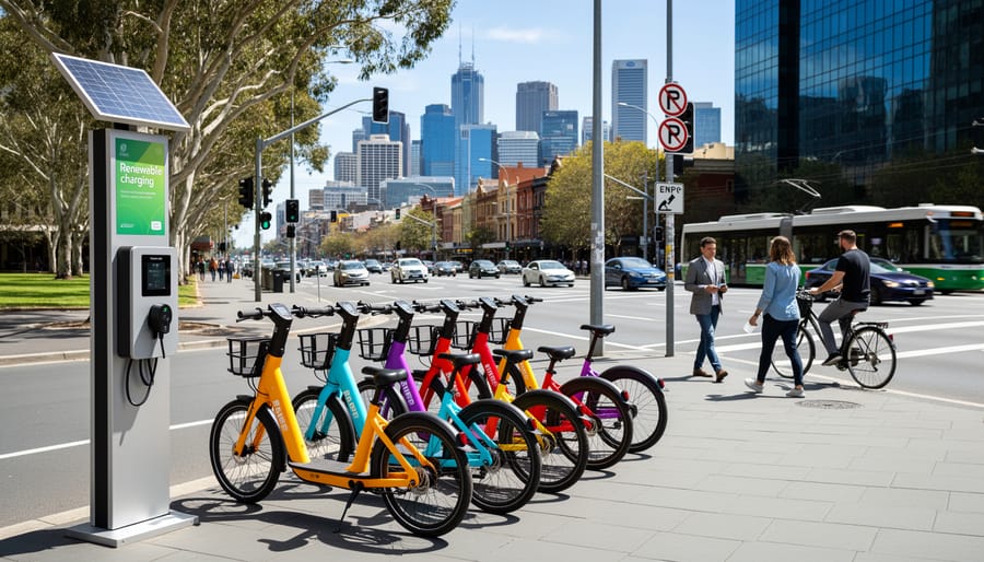 Person riding electric scooter on city bike lane with charging infrastructure in background