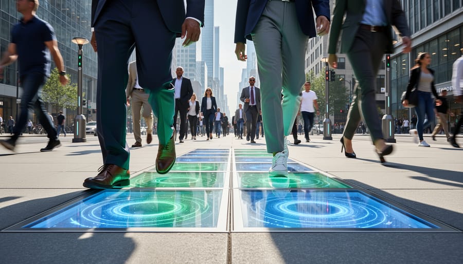 Pedestrians walking on busy urban sidewalk showing kinetic energy potential