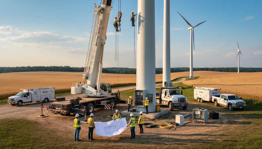 Aerial view of wind farm construction site showing workers and equipment
