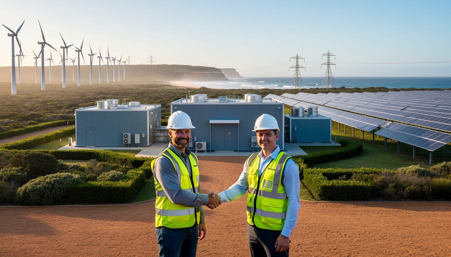 Two engineers in safety vests shake hands before a compact small modular reactor, with wind turbines, a solar array, and distant transmission towers on an Australian coastal landscape at golden hour.