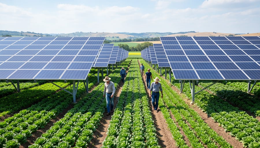 Aerial view of solar panels installed above agricultural crops on Australian farm