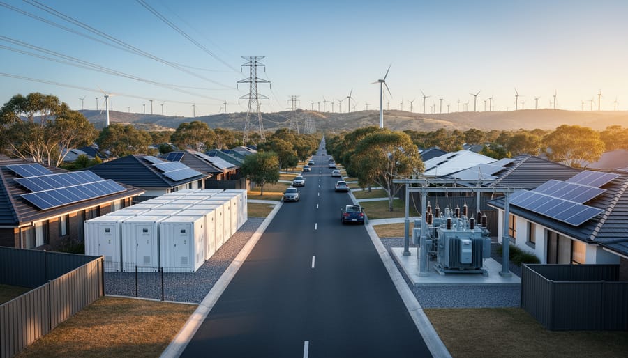 Australian suburban street with homes covered in rooftop solar panels, a nearby utility-scale battery storage facility and substation, high-voltage transmission lines overhead, and wind turbines on distant hills at golden hour with dry grass and eucalyptus trees visible.