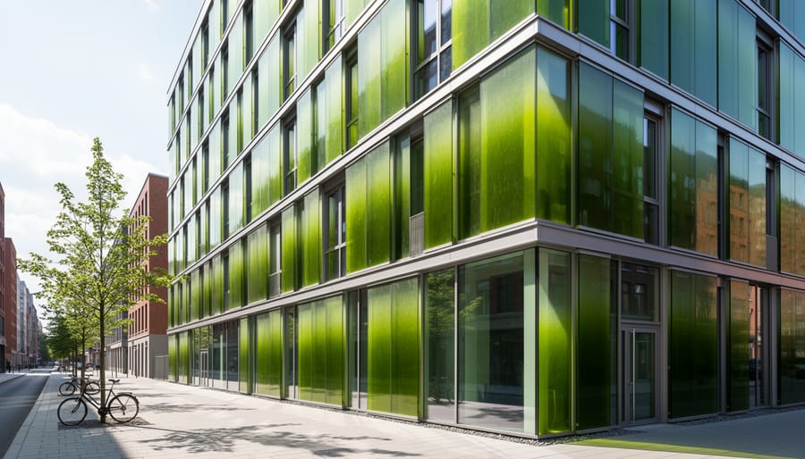 Living algae bioreactor facade panels on BIQ House generating biomass energy
