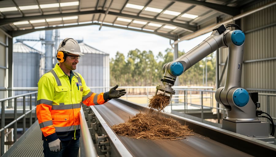 Technician in high-visibility gear guiding a robotic arm sorting sugarcane bagasse on a conveyor inside an Australian bioenergy plant, with blurred biomass silos and eucalyptus trees in the background under soft daylight