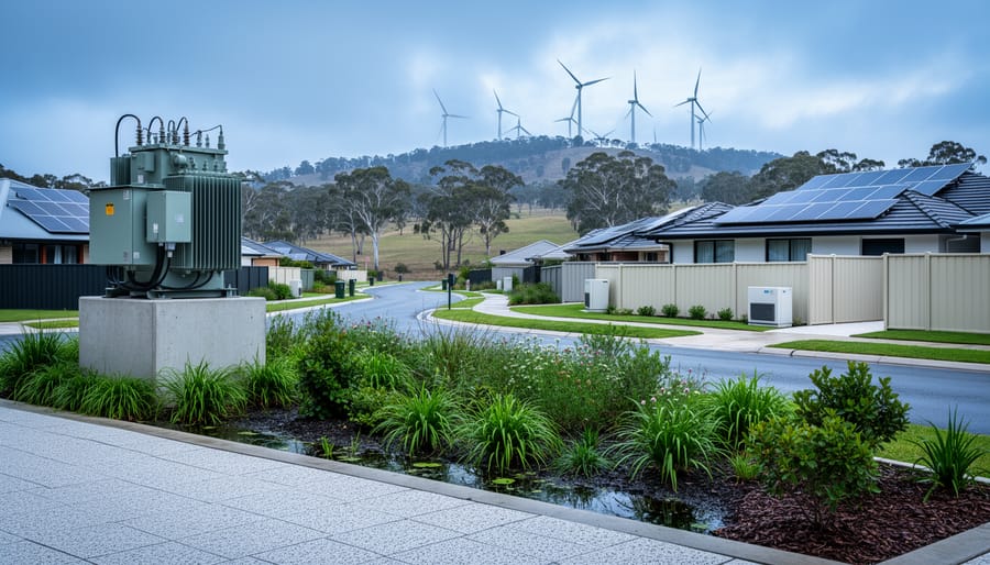 Australian suburban street after rain with permeable pavement and rain garden in front, elevated electrical substation on a concrete platform, houses with rooftop solar and a small battery enclosure, and distant wind turbines and gum trees beneath clearing storm clouds.