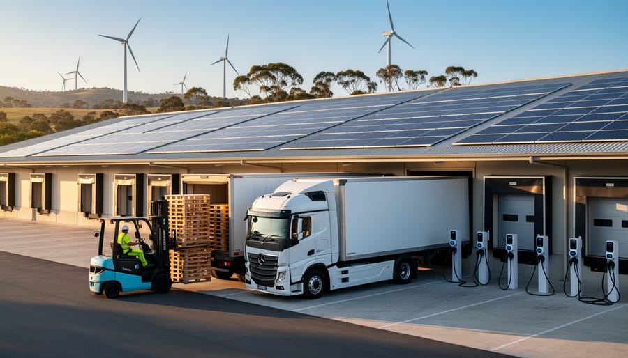 Electric semi-truck being loaded by an electric forklift at a solar-powered distribution center, with EV chargers, distant wind turbines, and eucalyptus trees at sunrise in Australia.