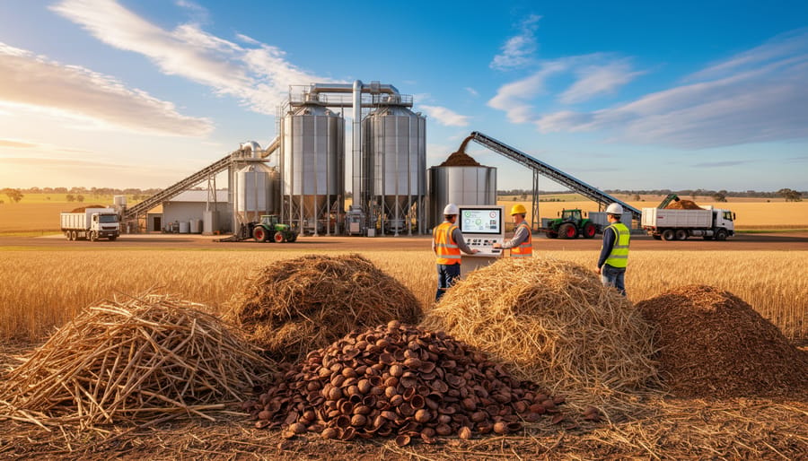 Close-up of agricultural biomass materials including crop residue and wood chips held in hands