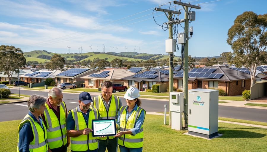Modern power flow control equipment at electrical substation with solar panels