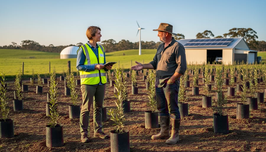 Council officer in high-visibility vest and dairy farmer among eucalypt saplings at golden hour, with rolling pasture, a small biogas dome, rooftop solar on a farm shed, and a compact wind turbine in the softly blurred background.