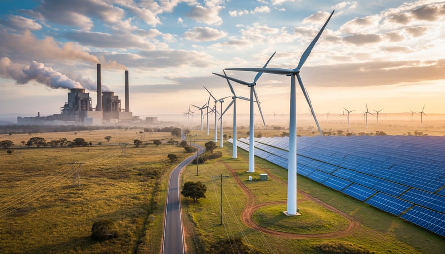 Solar farm installation with coal power plant visible in background showing energy transition