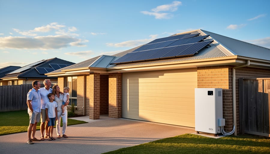 Australian family standing in front of their solar-powered home at sunset