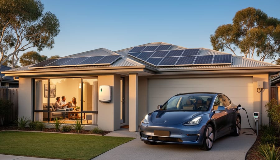 Australian family standing in front of their home with rooftop solar panel installation