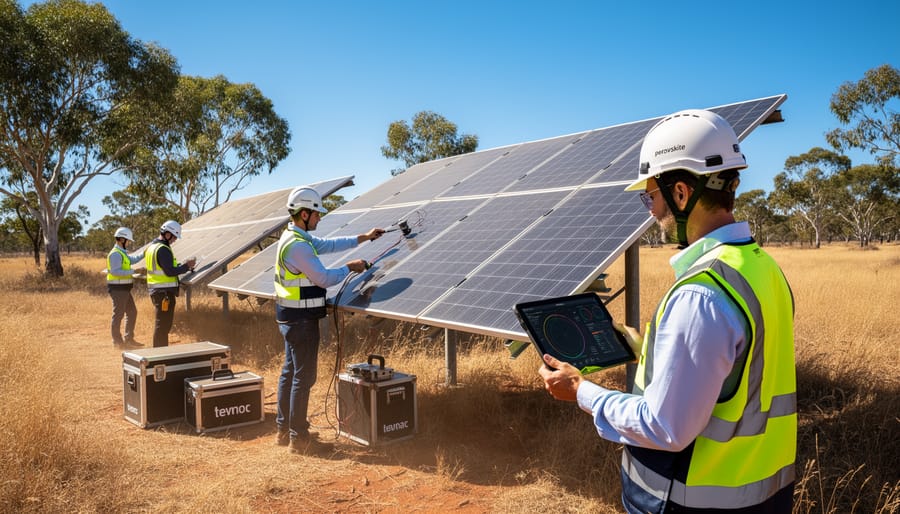 Research scientist examining perovskite solar panel in Australian laboratory