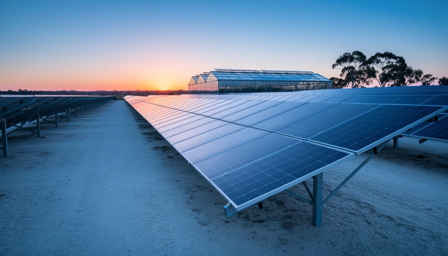 Bifacial solar panels on tracking mounts at twilight in Australia, with a warm horizon glow, pale soil reflections, a glass greenhouse with transparent photovoltaic glazing, and eucalyptus silhouettes in the background.