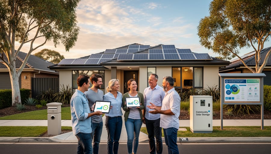 Aerial view of Australian suburban neighborhood with solar panels on multiple homes