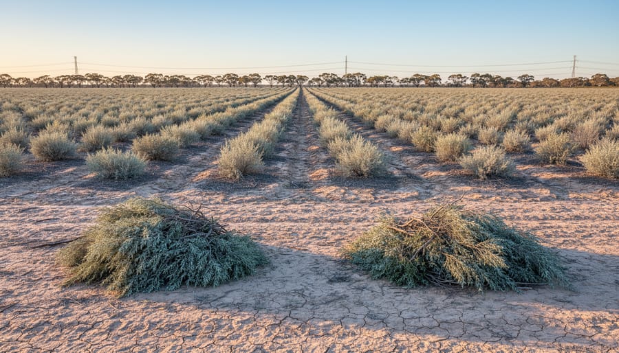 Rows of saltbush and young mallee eucalyptus on dry, saline Australian farmland at golden hour, with small stacks of harvested biomass in the foreground and distant power lines on the horizon.
