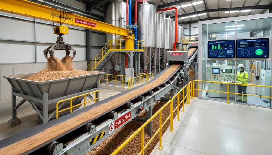Automated conveyor system transporting wood chips and biomass in modern bioenergy facility